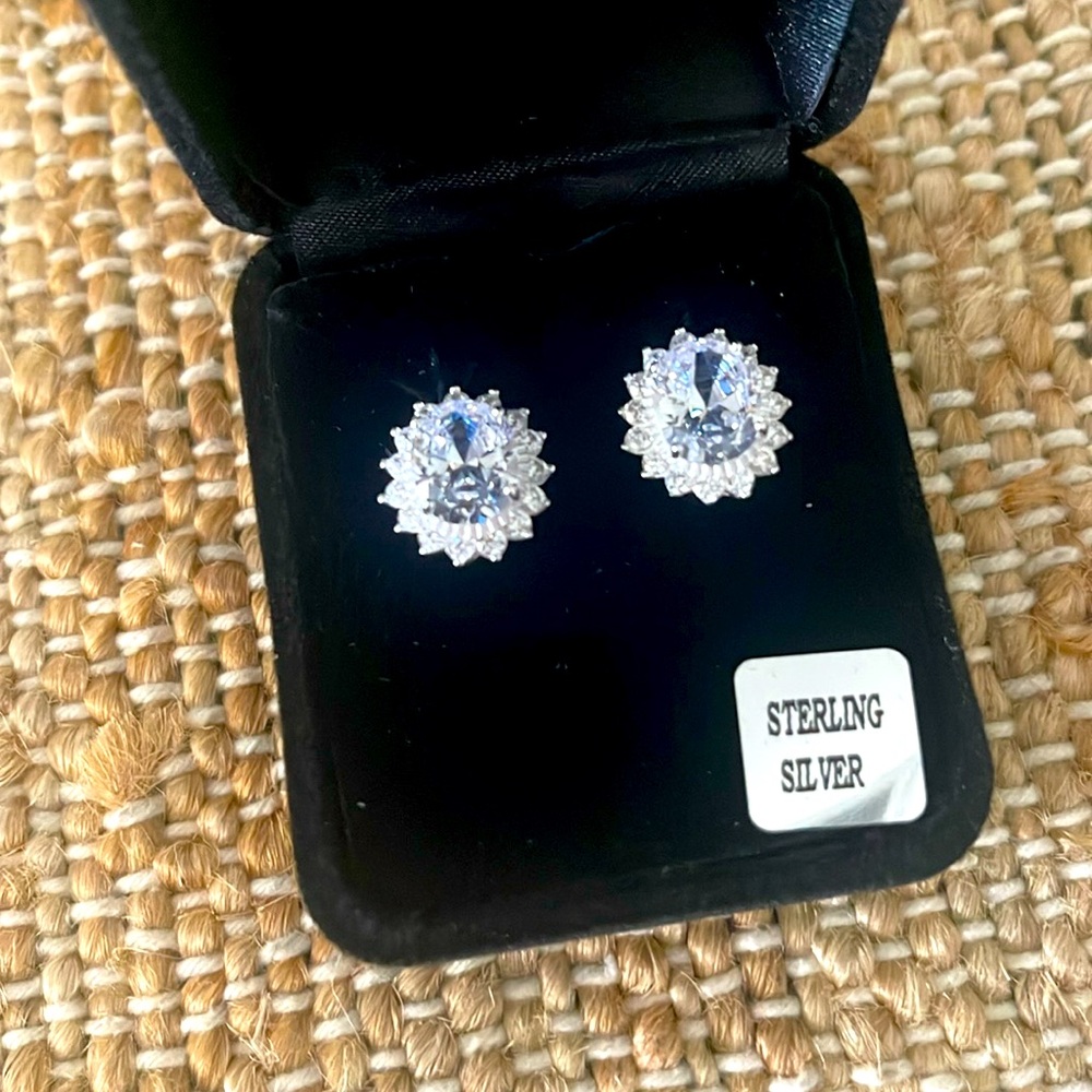 New in box Sterling silver large multi diamond studs